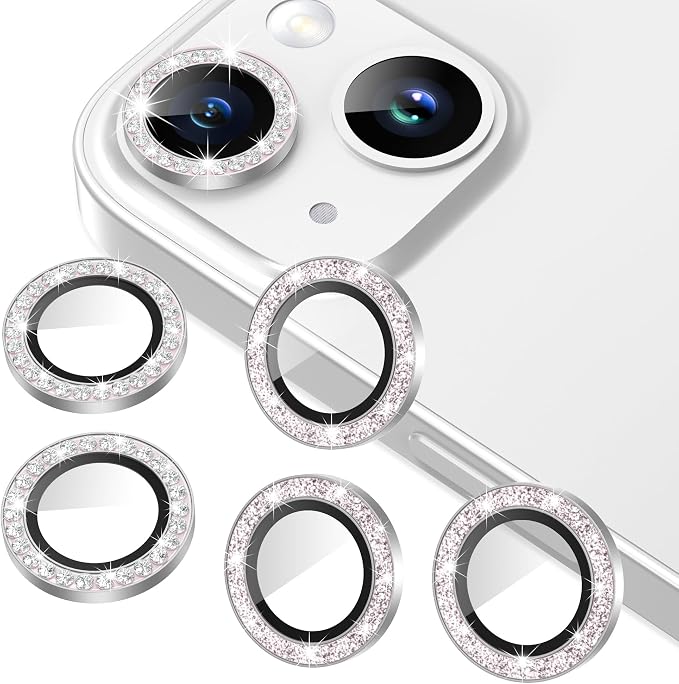 AGVEE 3+3 6 Pack for iPhone 15/15 Plus Camera Lens Protector Cover | Individual Bling Diamond & Bling Glitter Sparkle Cute Gem Metal Ring, 9H Tempered HD Glass by AGVEE