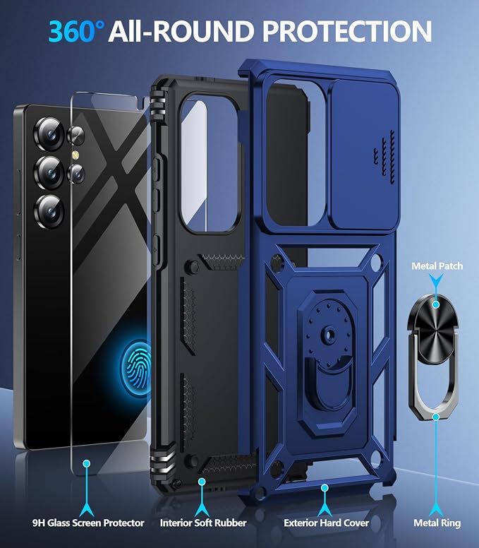 Taisairu for Samsung Galaxy S26 Ultra Case with Screen Protector & Slide Camera Lens Cover, Built-in Magnetic Ring Stand Shockproof Protective Phone Case for Samsung S26 Ultra Case (Blue) - Image 2