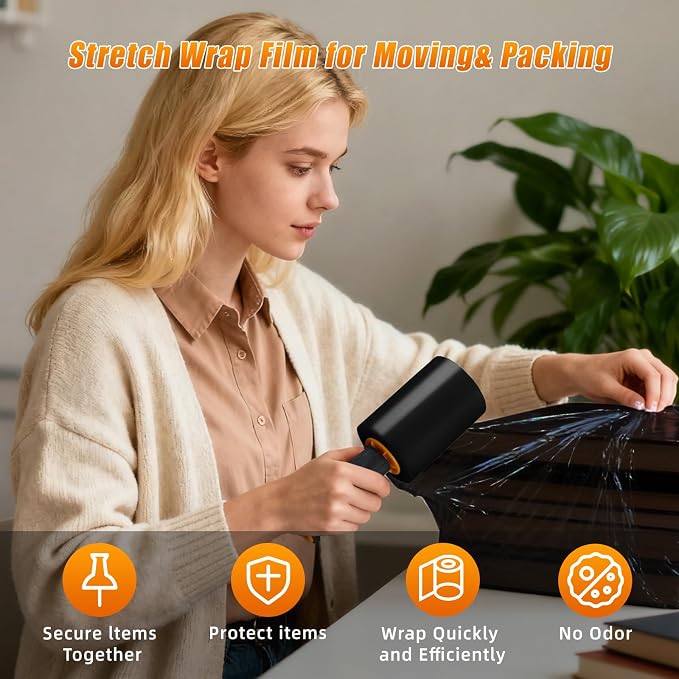 Black Stretch Film Shrink Wrap for Moving Supplies (5inch, 1 Pack) x 1000ft, Industrial Strength Plastic Wrap Stretch Roll for Pallet Wrapping Shipping Moving Boxes Storage Furniture with Handles - Image 6