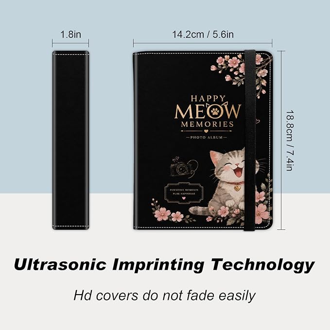 DEGDFSGR 5x7 Small Photo Album, 60 Pockets Holds 120 Photos | Slip-in pockets, black elastic band, portable for family, wedding, baby, travel photos, Tabby Cat Pink Cherry Blossom - Image 2