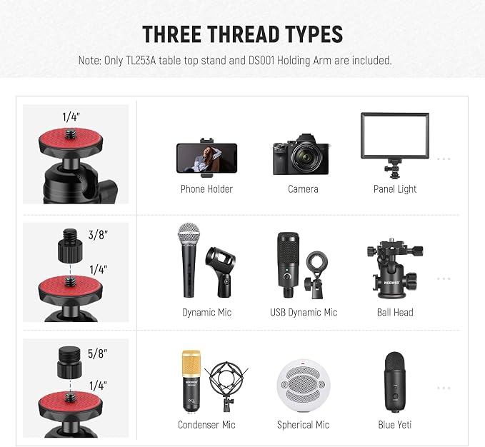 NEEWER TL253A+DS001 Table Camera Tripod with 2 Section Arm | Phone Holder, Ball Heads, Screw Adapter, Table Light Stand for Camera, Mobile Phone, Webcam, Ring Light - Image 5