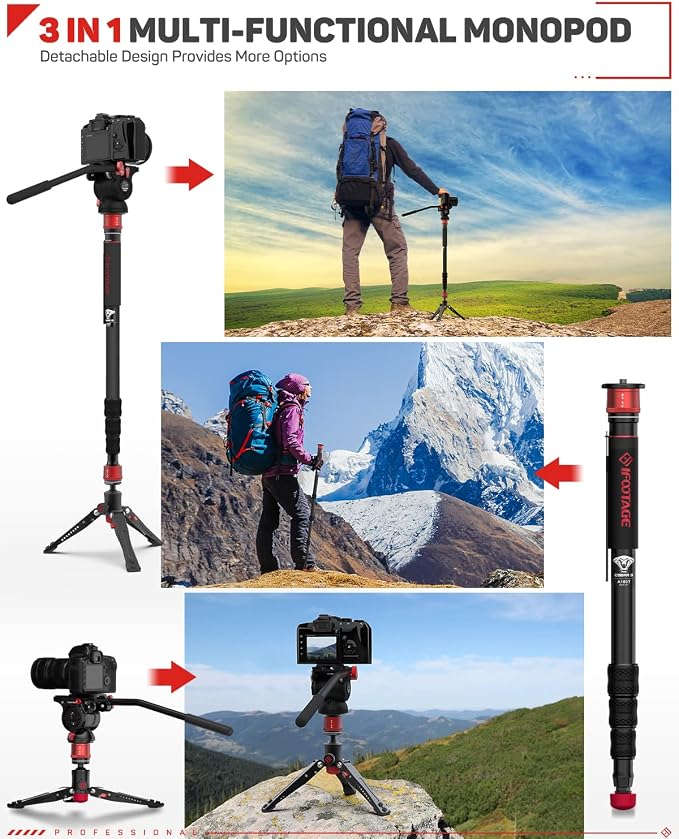 IFOOTAGE Cobra 3 A180T Camera Monopod with Feet 71" | Aluminum Monopod Camera Stand Compatible with Sony Canon Nikon DSLR Cameras, Stable Feet Design, Payload 17.64lbs/8KG - Image 2