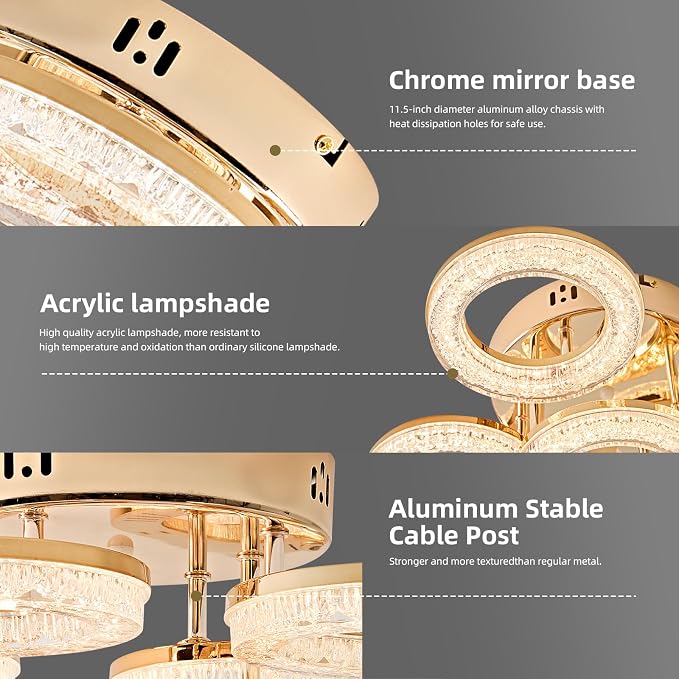 Modern Ceiling Light, 5 Rings 16.9'' Dimmable LED 49W Flush Mount Ceiling Lights with Remote Acrylic Crystal Round Ceiling Light Fixture, Bedroom Living Room Dining Room, Gold - Image 4