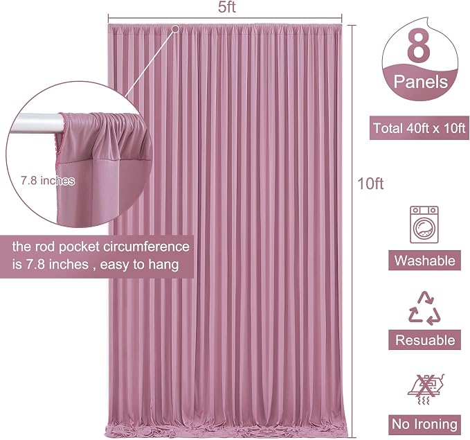 8 Panels Dusty Pink Backdrop Curtain for Wedding Parties Wrinkle Free Pink Photo Curtains Backdrop Drapes Fabric Decoration for Birthday Party Baby Shower 40ft(W) x 10ft(H) - Image 5