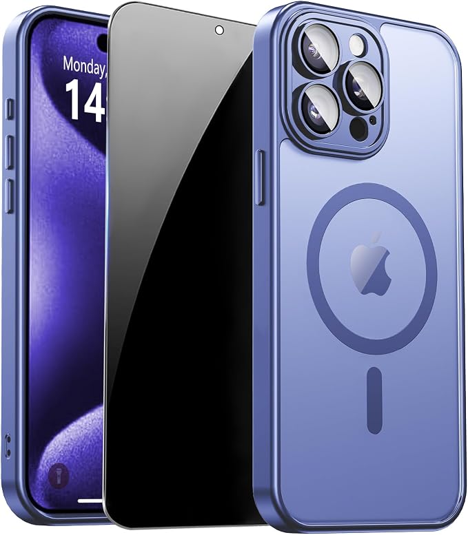 for iPhone 15 Pro Max Case with Privacy Screen Protector-Light Blue | Full Camera Protection, Translucent Matte Magnetic, Compatible with MagSafe, Shockproof Phone Cover, Slim Fit by ZOZDOKG