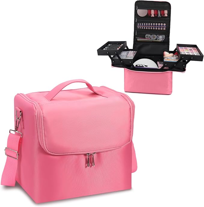 Large Makeup Nail Polish Organizer Bag, Makeup Case Storage Box, Pink | Nail Organizer Case-Adjustable Dividers, Waterproof, Detachable Shoulder Strap, Portable, Multipurpose Storage for Nail Tools by DECINIEE+BEAUTY+CO.%2CLTD