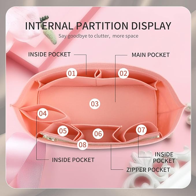 Doxo Purse Organizer Insert for Handbags & Base Shaper 2pc Set, Felt Neverfull MM Organizer Insert, Tote Bag Organizer with Zipper Pocket and Bottle Holder, Fit Speedy 30 Neverfull MM and More,Pink-L - Image 5