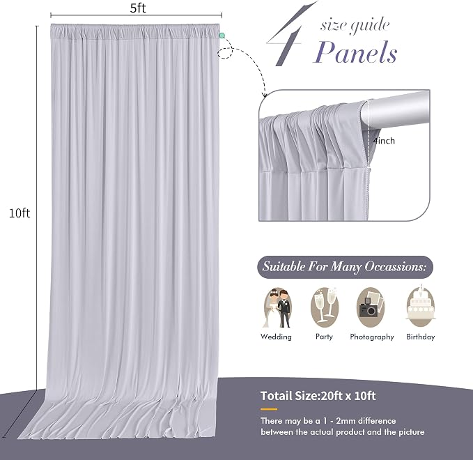 20 ft x 10 ft Wrinkle Free Silver Backdrop Curtain for Parties, Polyester Silver Grey Backdrop Drapes 4 Panels 5x10ft for Baby Shower Photoshoot Engagement Wedding Birthday Photography Background - Image 7