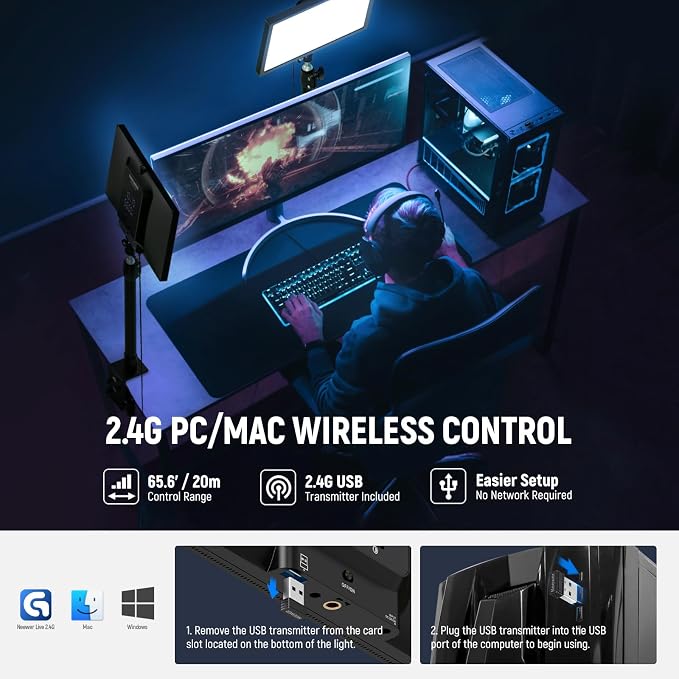 NEEWER 25W 12.9" Streaming Key Light with Desk Stand/2.4G Remote/USB Transmitter, PC/Mac APP Control 2300Lx/0.5m 2900-7000K CRI98+ Dimmable Edge Lit Video Panel Light for Webcam Laptop Zoom, GL25B | USB Transmitter, PC/Mac APP Control, 2300Lx/0.5m, 290... - Image 4
