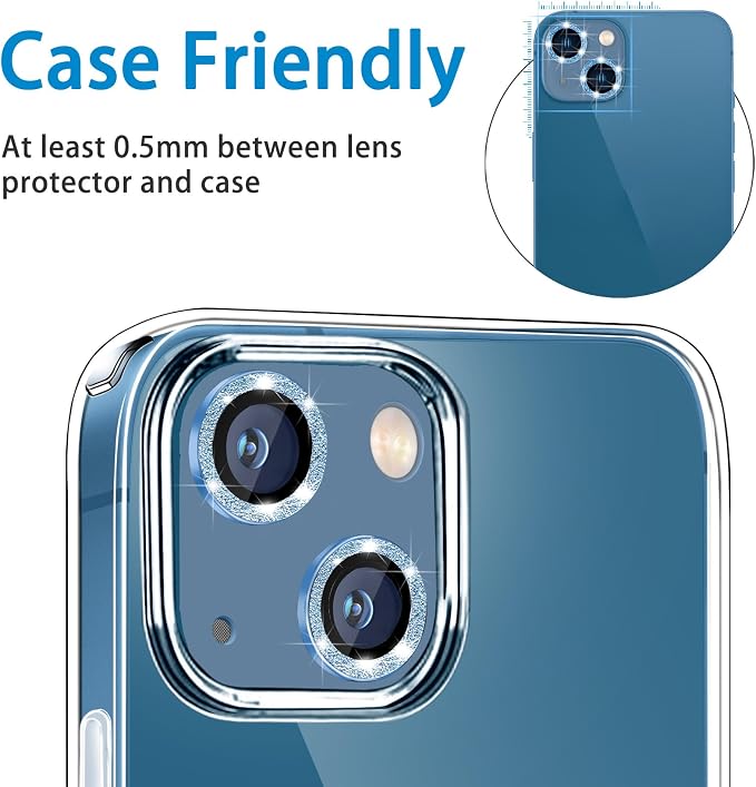 for iPhone 13 Mini & iPhone 13 Camera Lens Protector, Bling Glitter 9H Tempered Glass Camera Cover Anti Scratch Shockproof Screen Protector Individual Ring - 2Pcs Glitter Blue - Image 4