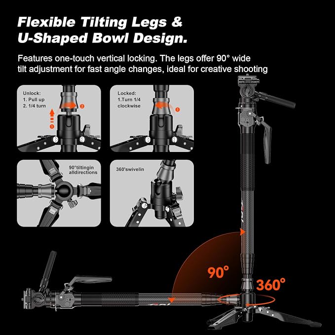 M1mini Carbon Fiber Monopod for Camera, 4-Section One-Button Quick Release, Portable Camera Monopod with V1 Fluid Head for DSLR Mirrorless Cameras, Max Load 5kg, (M1mini-V1) - Image 4