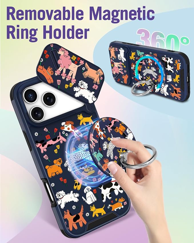 Buleens for iPhone 17 Pro Case 6.3 Inch - with Ring Stand & Camera Cover Aesthetic Cute Designed for Women Girls Girly Cartoon Kawaii Dogs Phone Case for iPhone 17 Pro Compatible with Magsafe - Image 5