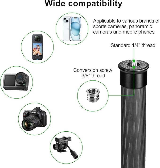 FANAUE Gimbal Extension Pole Carbon Fiber Extension Monopod Pole Stick with 1/4" Screw, 2 Section Universal Rod for Tripod Compatible with Digtital Camera Smartphone Long Selfie Tick Length is 14"-25" - Image 2