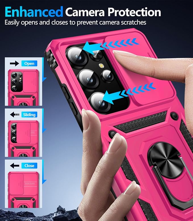 Taisairu for Samsung Galaxy S25 Ultra Case with Screen Protector & Slide Camera Lens Cover, Built-in Magnetic Ring Stand Shockproof Protective Phone Case for Samsung S25 Ultra Case (Hot Pink) - Image 6