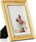 5x7 Picture Frame in Nature with Gold Beaded Border, Pine Wood with Real Glass, Display 5x7 Photos Matted to 4x6, Vertical and Horizontal Desk Tabletop or Wall Hanging by Wontree
