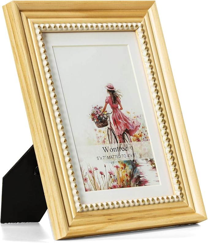 5x7 Picture Frame in Nature with Gold Beaded Border, Pine Wood with Real Glass, Display 5x7 Photos Matted to 4x6, Vertical and Horizontal Desk Tabletop or Wall Hanging by Wontree