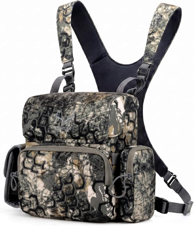 MOXULE Binocular Harness Chest Pack: Bino Case with Rangefinder Pouch XL | Silent magnetic lid, one-handed access, removable pouches, rain cover, MOLLE webbing for hunting hiking bird watching by MOXULE