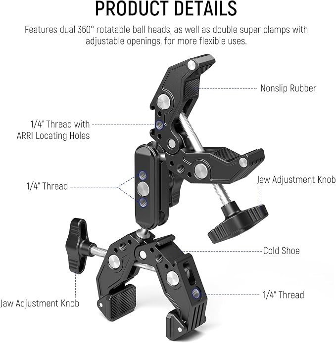NEEWER Double Super Clamp Camera Mount with Magic Arm, Cold Shoes | For Desk, Studio Light Stand Holder, Photography Reflector, Flag, Cross Bars, Motorcycle, Umbrella, Pole Stick Accessories - Image 2