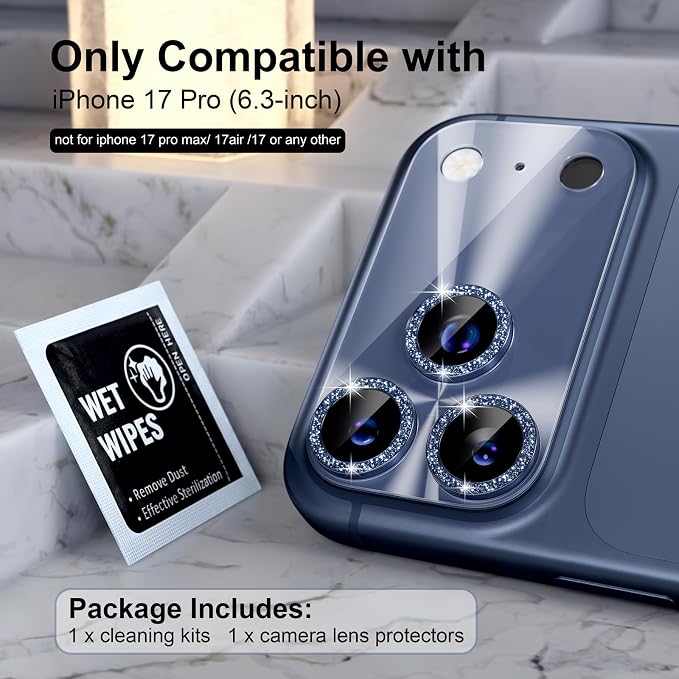 Choiche for iPhone 17 Pro Camera Lens Protector, Light-Deep Blue | Bling Metal Camera Cover with 9H Tempered Glass Lens Screen Protector Accessories, Strong Adsorption, Case-Friendly, 6.3-inch - Image 2