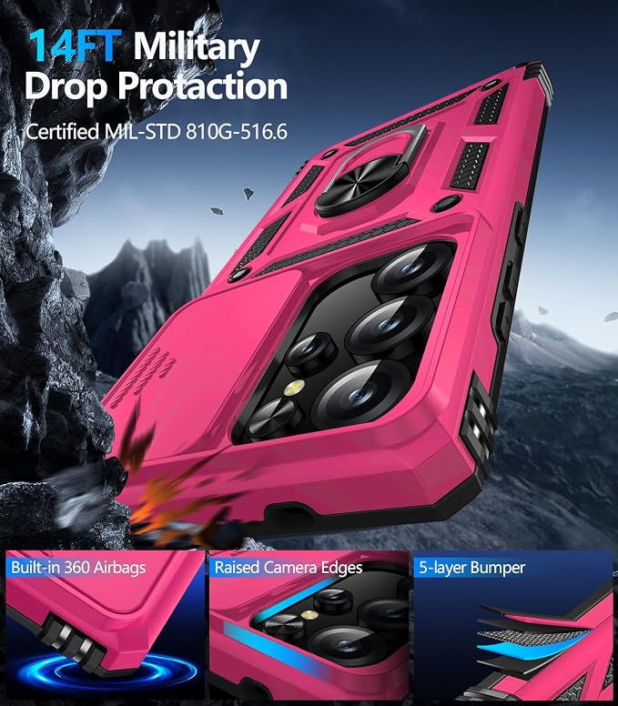 Taisairu for Samsung Galaxy S25 Ultra Case with Screen Protector & Slide Camera Lens Cover, Built-in Magnetic Ring Stand Shockproof Protective Phone Case for Samsung S25 Ultra Case (Hot Pink) - Image 4