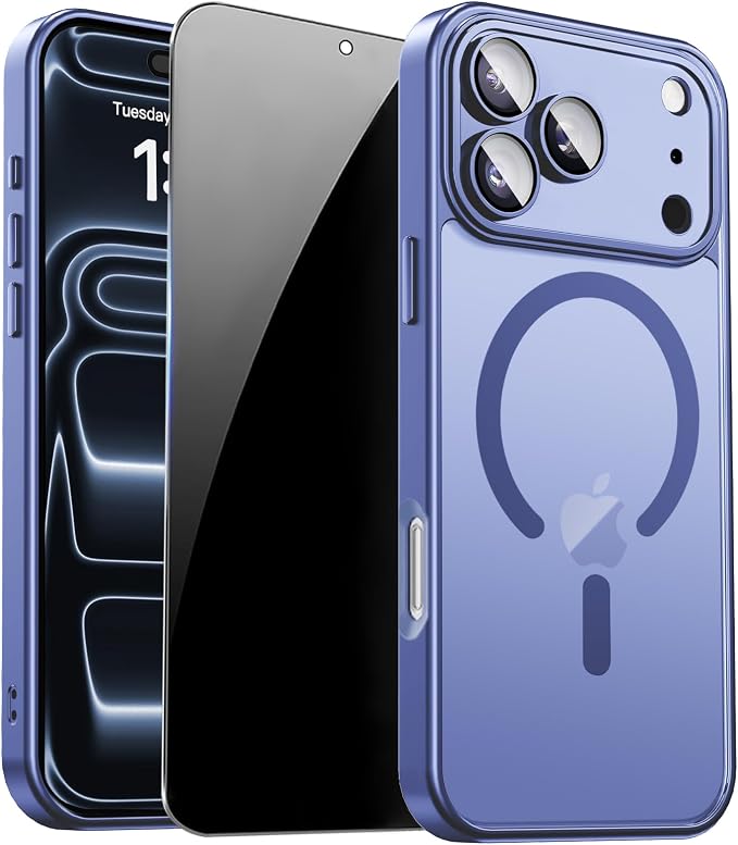 for iPhone 17 Pro Case with Privacy Screen Protector, Light Blue | Full Camera Protection, Compatible with MagSafe, Magnetic Translucent Matte Shockproof Phone Cover for iPhone 17 Pro by ZOZDOKG