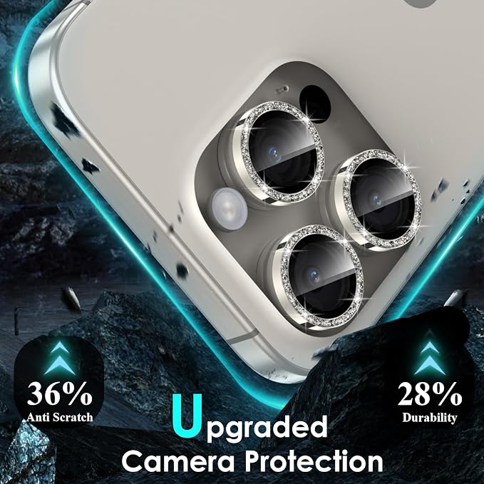 YWXTW Designed for iPhone 15 Pro/iPhone 15 Pro Max Camera Lens Protector Bling, [New Glitter Design] Individual Metal Tempered Glass Camera Cover Accessories Case Friendly (Natural Titanium Glitter) - Image 3