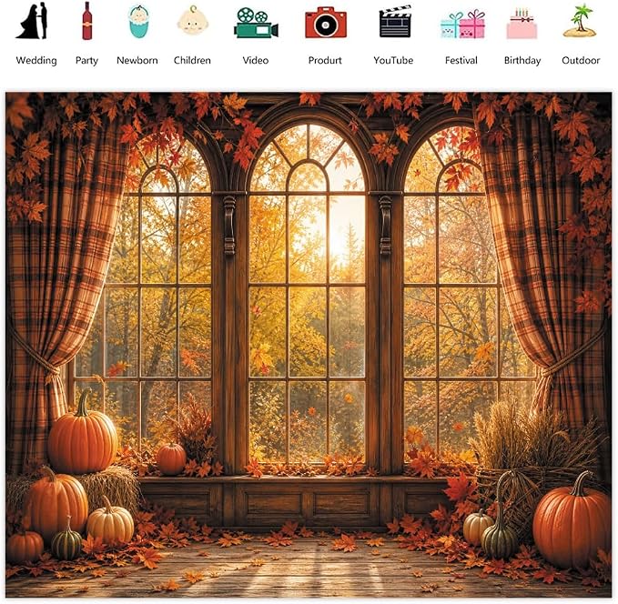 Autumn Fall Window Backdrop 8x8ft Rustic Wooden Arched Window with Pumpkin Maple Leaves Thanksgiving Harvest Photo Background for Party Decor Portrait Photography Booth Props Vinyl - Image 2