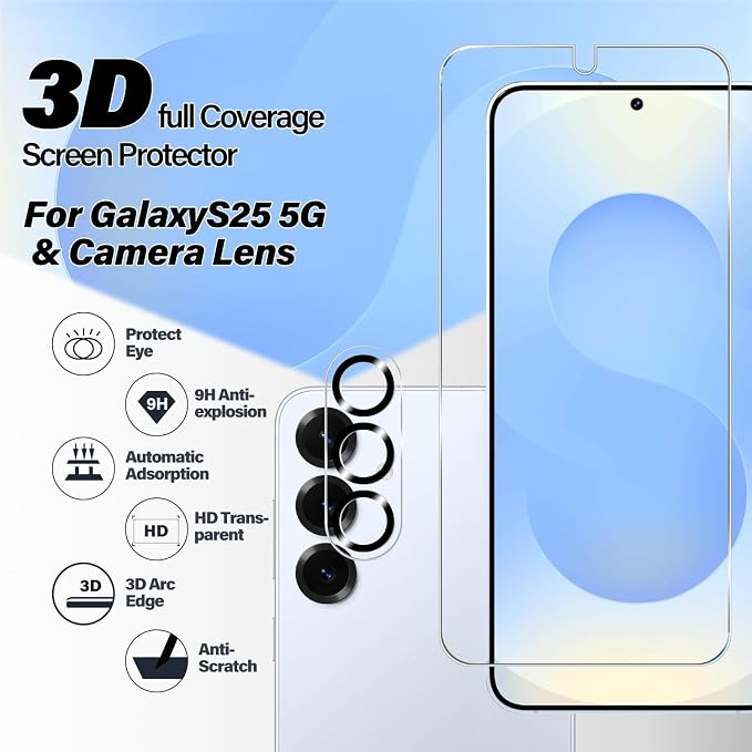 BIGFACE Galaxy S25 Tempered Glass Screen Protector + Camera Lens Protector [ 2 + 2 Pack ][Case Friendly] [Anti-Scratch] [Ultrasonic Fingerprint Unlock] Clear HD Protective Film for Samsung Galaxy S25 - Image 3
