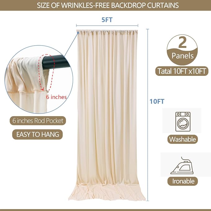 10x10ft Wrinkle Free Backdrop Curtain for Parties Soft Fabric Drapes Wedding Cream Curtain Backdrop for Birthday Party Decorations Background for Photography 5x10ft,2 Panels - Image 3