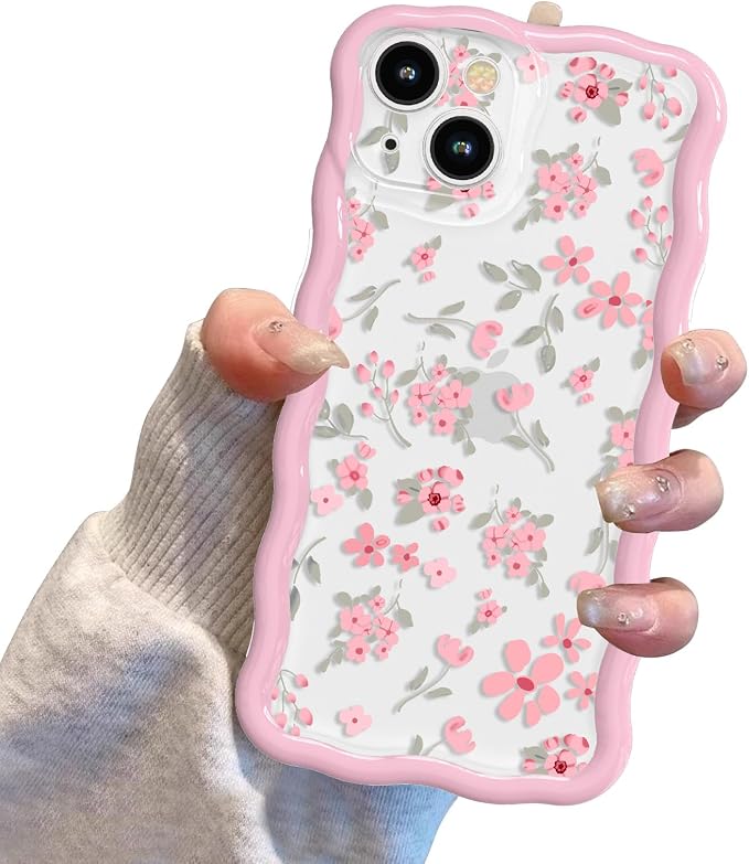 QLTYPRI for iPhone 15 Pink Flower Case, Clear Cute Pink Floral Flower Phone Case Curly Wavy Aesthetic Phone Cover, Soft Slim Transparent TPU Shockproof Protective Cover for Women Girls - Pink - Image 7
