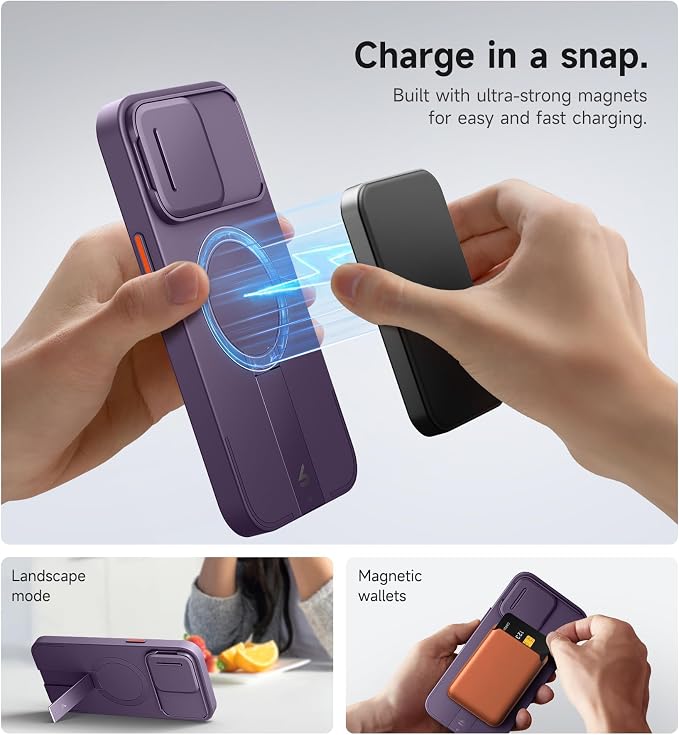 SURITCH for iPhone 14 Pro Max Case with Magnetic Camera Slide Cover and Adjustable Kickstand, Compatible with MagSafe, Shockproof Bumper Case Slim Protective Cover 6.7 Inch, Dark Purple - Image 3