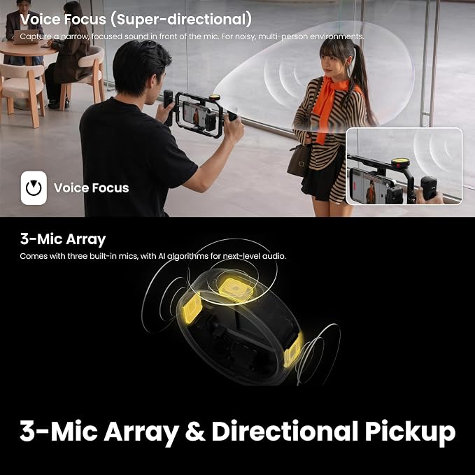 Insta360 Mic Pro (1 TX + 1 RX), Wireless Mini Lavalier Microphone for iPhone/Camera/Android, Video Recording, Bluetooth, Customizable E-Ink Display, 3-Mic Array, Available for Lightning Device - Image 4