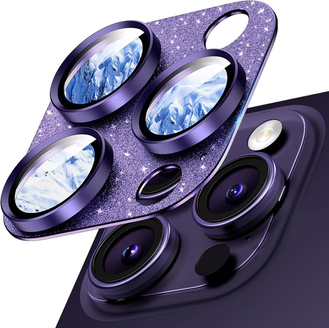 Camera Lens Protector for iPhone 16/15/14 Pro Max & 16/15/14 Pro | Glitter Purple, Aluminum Alloy, 9H+ Glass Camera Cover, Nano Reinforced Adhesive, Anti-Drop, Anti-Scratch, Case Friendly by WumigooProducts