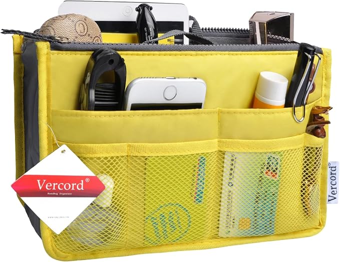 Vercord Purse Organizer Insert for Handbags Bag Organizers Inside Tote Pocketbook Women Nurse Nylon 13 Pockets Yellow Large - Image 2
