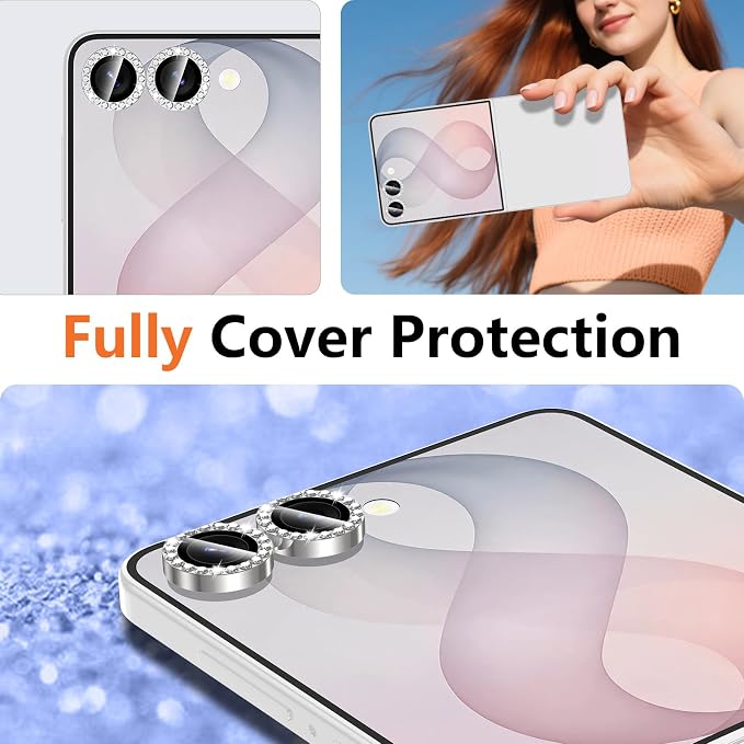 for Samsung Galaxy Z Flip 8 Camera Lens Protector, Individual Metal Ring Tempered Glass Lens Cover, [Strong Adsorption] Scratch Resistant Ultra-Thin HD Clear Lens Cover, 1 Set-Slivery Diamond - Image 8