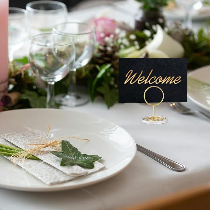 30 Pack Gold Table Number Holders with Clear Stable Base – Metal Place Card Holders for Table, Photo Picture Stands Card Holders for Wedding Party Banquet Restaurant Events (Gold) - Image 6