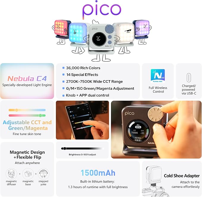 Nanlite Pico Portable LED Fill Light – Full Color RGB (Mint Blue) | Snap-On Attachment for Phone/Camera Photography, Live Streaming, Video Content Creation - Image 4