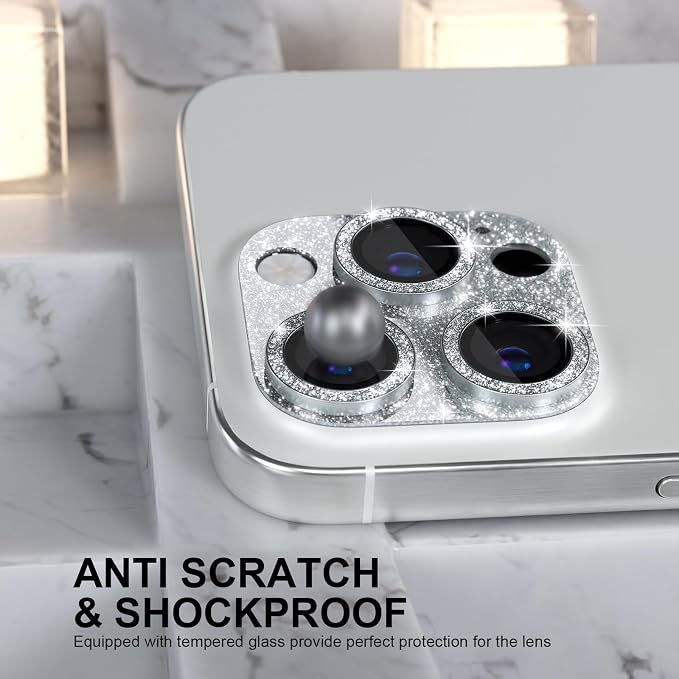 Choiche for iPhone 16 Pro/iPhone 16 Pro Max Camera Lens Protector | Bling Camera Cover with 9H Tempered Glass Lens Screen Protector Metal Ring Decoration Accessories (Glitter-Silver) - Image 3