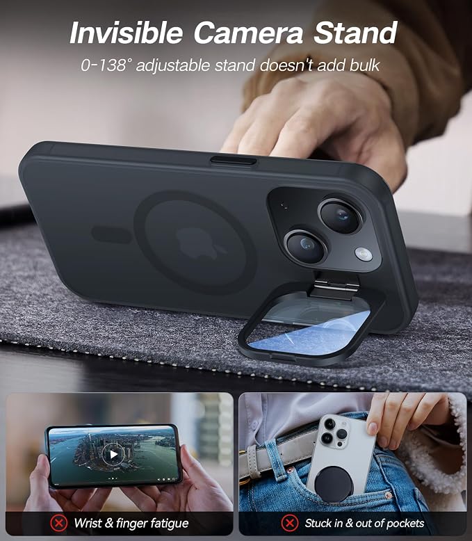 VOFATA for iPhone 13 Case/iPhone 14 Case with Camera Cover Stand [Built-in 9H Camera Lens Protector][Fit for Magsafe] Military Grade Shockproof Translucent Matte Magnetic Phone Case 6.1", Black - Image 3