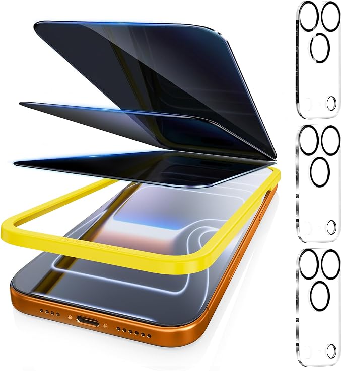 Fotbor [3+3 Pack Privacy Screen Protector for iPhone 17 Pro, 26° Anti-Spy & Blue Light Filter Tempered Glass with 3 Camera Lens Protectors, 3X Reinforced, Easy Alignment by Fotbor