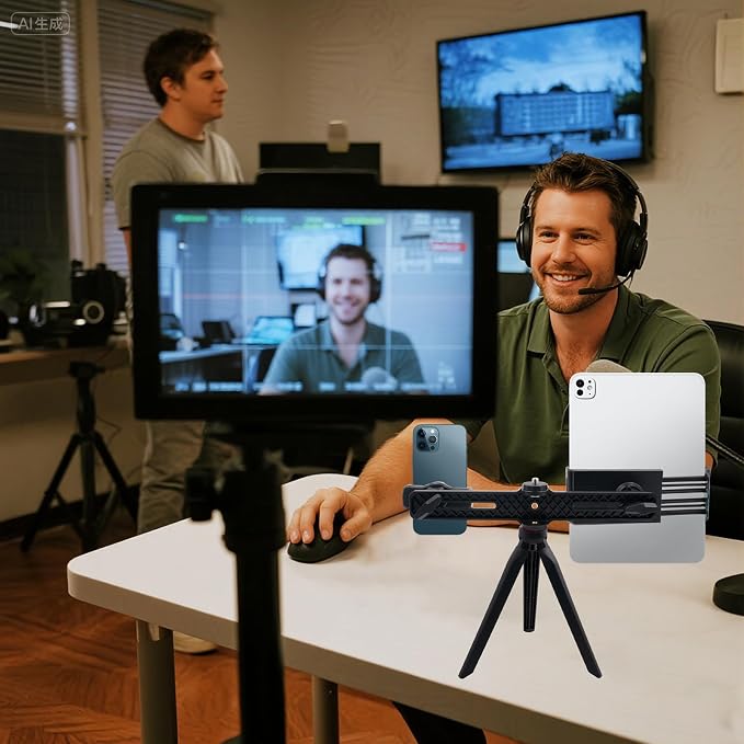 Dual Holder Smartphone and Tablet Tripod Mount Adapter, Universal 360° Rotation Adjustable Clip Stand for Vlog Live Streaming Video Recording, Compatible with 1/4'' Screws, Black - Image 6