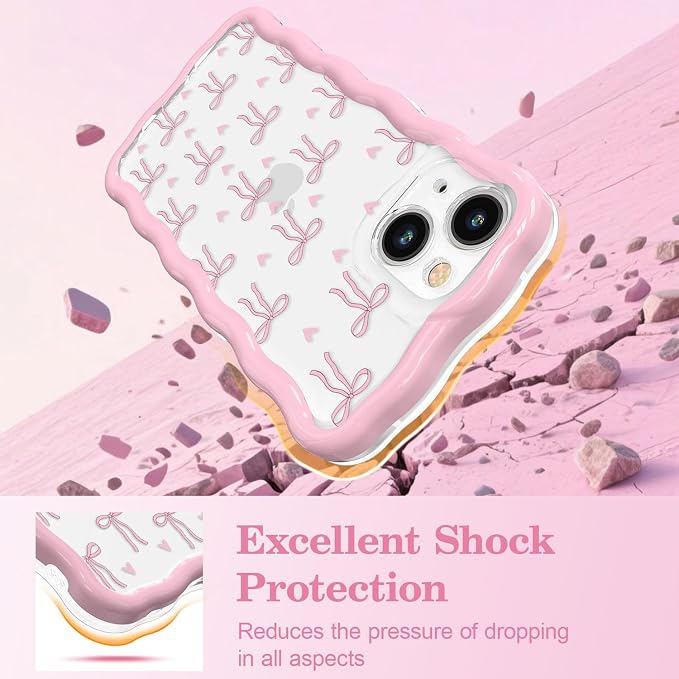 QLTYPRI for iPhone 14 Pink Bow Case, Clear Cute Pink Ribbon Bow Phone Case Curly Wavy Aesthetic Phone Cover, Soft Slim Transparent TPU Shockproof Protective Cover for Women Girls - Love Bow - Image 4