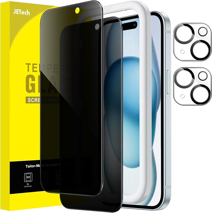 JETech Privacy Screen Protector for iPhone 15 Plus, 2+2 Pack | Anti-Spy Tempered Glass, with Camera Lens Protector, Easy Installation Tool by JETech
