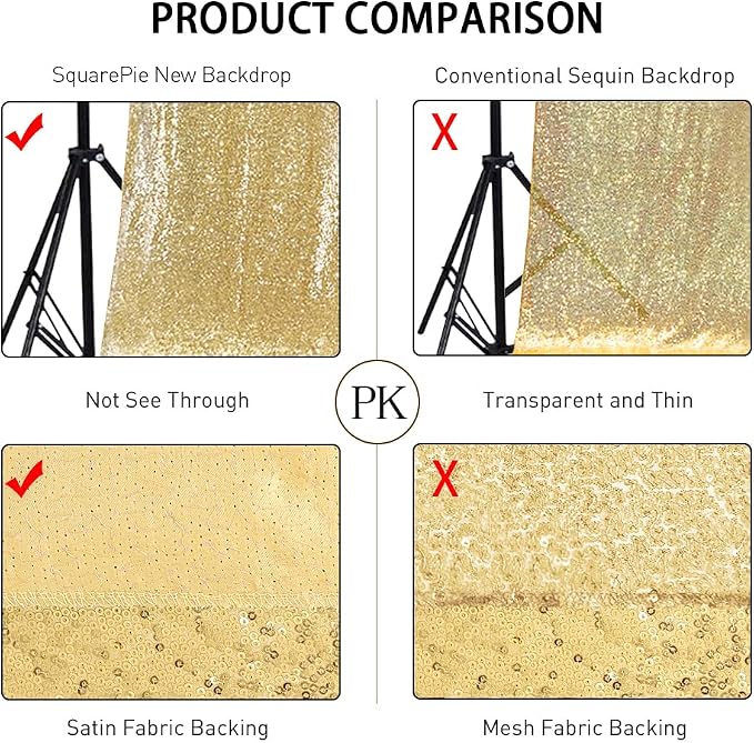 SquarePie 8x8ft Gold Sequin Backdrop, High Density Non-Transparent Glitter Curtain for Photography, Birthday, Wedding Party Decorations, Thick Solid Background with 4" Rod Pocket, 1 Panel - Image 5