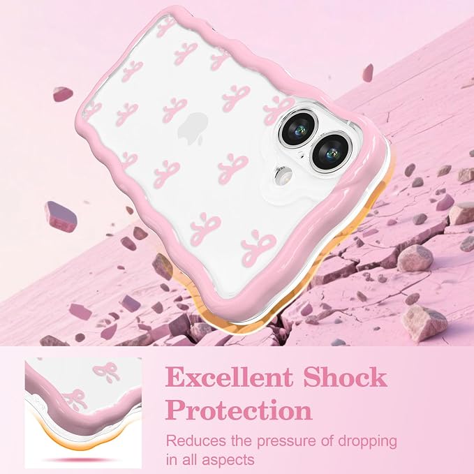 QLTYPRI for iPhone 16 Plus Pink Bow Case, Clear Cute Pink Ribbon Bow Phone Case Curly Wavy Aesthetic Phone Cover, Soft Slim Transparent TPU Shockproof Protective Cover for Women Girls - Tiny Bow - Image 4