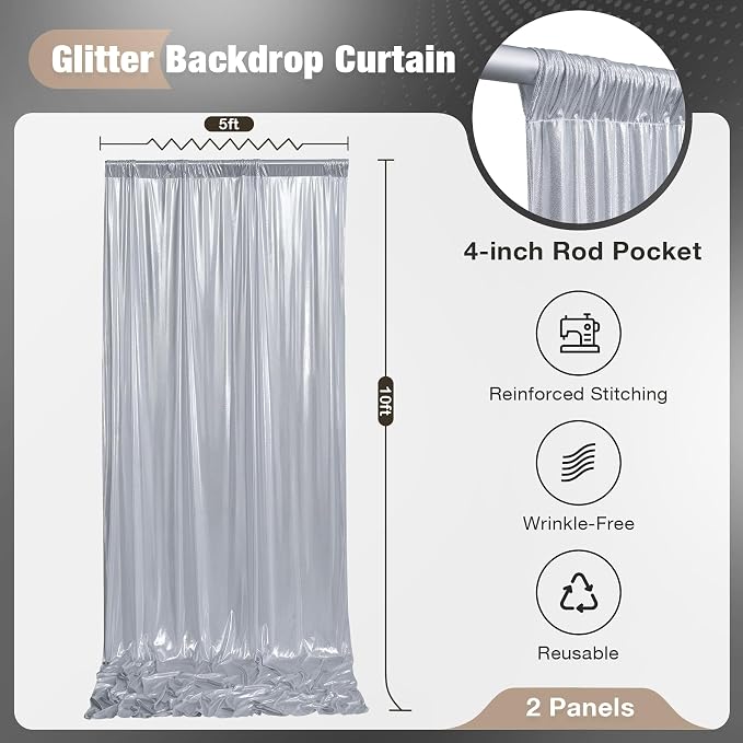 10x10FT Silver Sequin Backdrop Curtain for Party - 2 Panels 5x10FT Wrinkle-Free Shimmer Drapes for Birthday, Wedding, Christmas, Decorations & Photography - Image 6