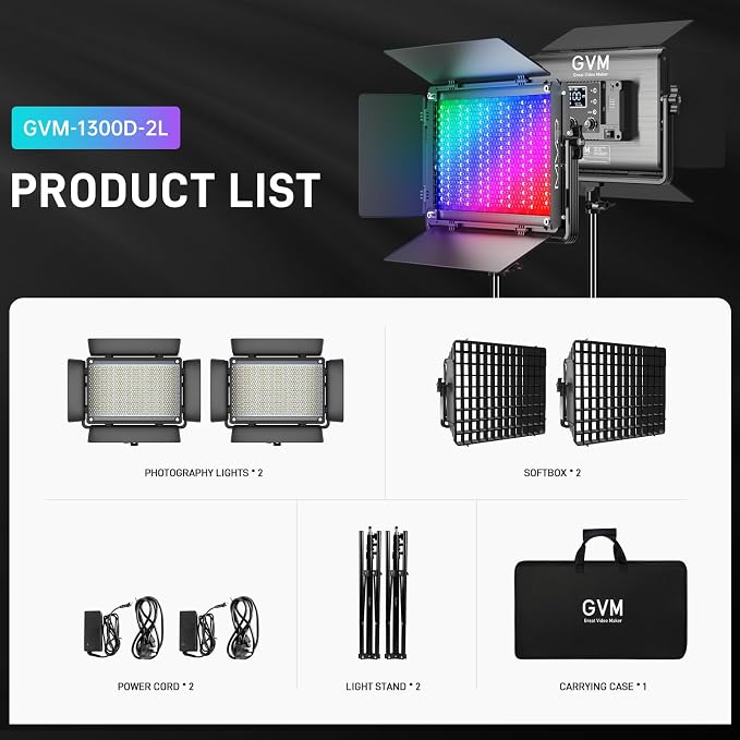 GVM 1300D RGB Video Light with Softbox, 65W LED Video Lighting Kit, 25000lux/0.5m, 360° Full Color Photography Lighting Kit, 2 Packs Led Panel Light for YouTube, Web Conference, Streaming - Image 7