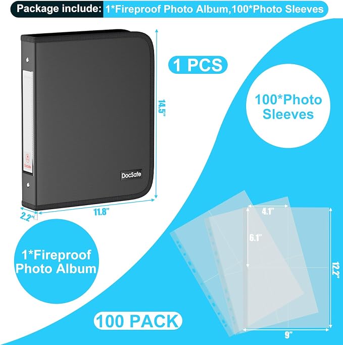 DocSafe Photo Album 4x6 400 Pockets,Fireproof Photo Book with 100 Plastic Sleeves,Large Capacity Binder Protect Family Wedding Anniversary Baby Vacation Pictures,Zipper Closure,2-Inch O-Rings,Black - Image 3
