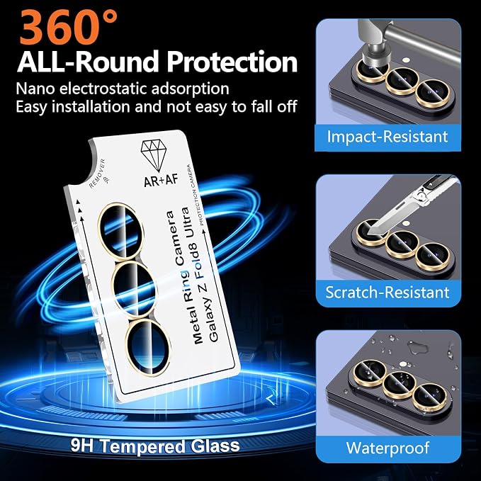 for Samsung Galaxy Z Fold 8 Ultra Camera Lens Protector, Individual Metal Ring Tempered Glass Lens Cover, [Strong Adsorption] Scratch Resistant Ultra-Thin HD Clear Lens Cover, 1 Set-Gold Ring - Image 2