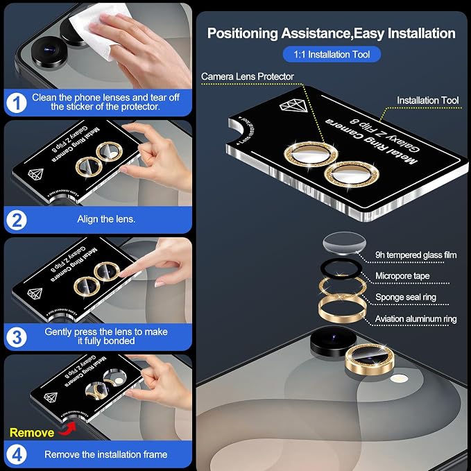 for Samsung Galaxy Z Flip 8 Camera Lens Protector, Individual Metal Ring Tempered Glass Lens Cover, [Strong Adsorption] Scratch Resistant Ultra-Thin HD Clear Lens Cover, 1 Set-Gold Sparkly - Image 7